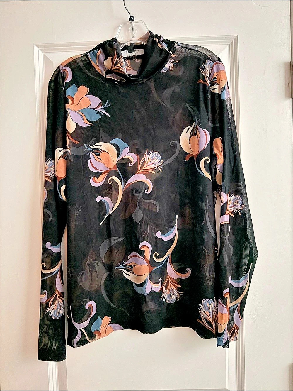 White House Black Market Long Sleeve Mesh Turtleneck Floral Mesh Long Sleeve Top